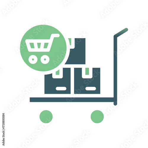 Green shopping cart icon above a trolley stacked with boxes on a white background