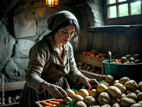 young Eastern European peasant woman sorting potatoes and carrots in root cellar
