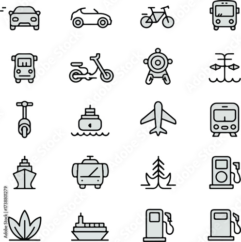 Vector set of transportation and travel line icons.