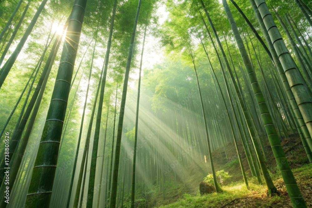 Fototapeta premium Lush bamboo forest with sunlight streaming through tall trees, creating a serene atmosphere