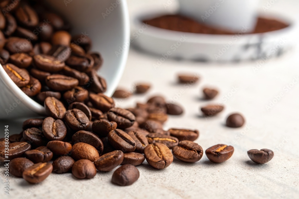 Fototapeta premium Freshly roasted coffee beans spilling from a cup onto a light surface with ground coffee in the background