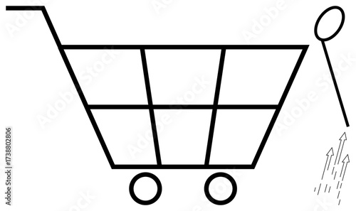 Shopping cart with geometric structure and a spoon launching upwards with arrows. Ideal for retail, growth, innovation, success, progress, e-commerce, consumer behavior. Simple flat metaphor
