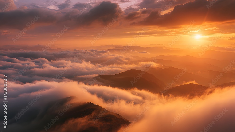 Fototapeta premium Witness the breathtaking landscape of mountains and clouds enveloped in the warm glow of a sunset, casting an ethereal and majestic ambiance.