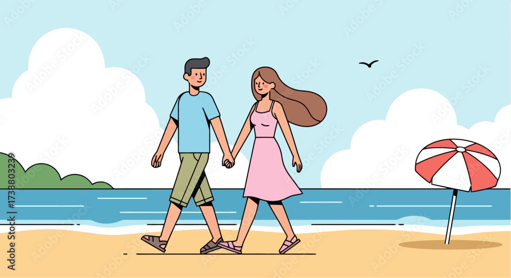 Fototapeta premium Joyful Couple Strolling Hand-in-Hand Along the Sandy Beach, Ideal for illustrating Romantic Getaways, Summer Vacations, and Travel Advertisements.
