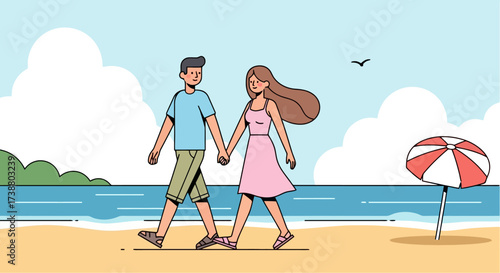 Joyful Couple Strolling Hand-in-Hand Along the Sandy Beach, Ideal for illustrating Romantic Getaways, Summer Vacations, and Travel Advertisements.