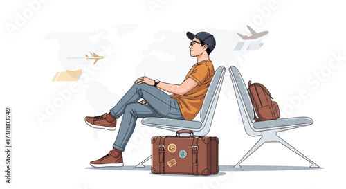 Illustration of a young man waiting at an airport terminal, ideal for travel agencies, tourism promotions, or showcasing travel-related services and products.