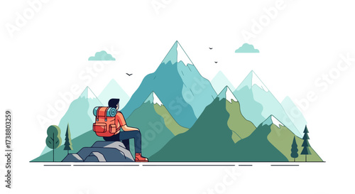 Serene Mountain Vista Adventure Illustration: Ideal for travel blogs, outdoor gear marketing, and motivational content promoting exploration and adventure