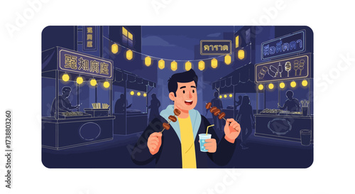Animated illustration of a man enjoying street food at a vibrant Asian night market, ideal for promoting cultural tourism, culinary experiences, and food festivals.