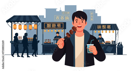 Vibrant Asian Street Food Experience Depicting a Young Man Enjoying Skewered Snacks and a Refreshing Drink at a Bustling Night Market. Ideal for travel blogs and culinary adventures.