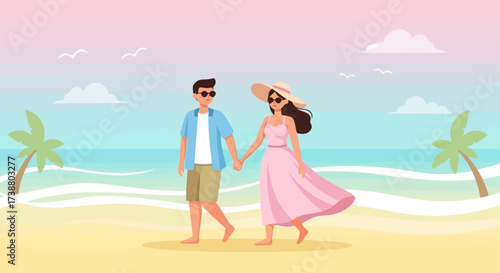 Couple's Romantic Seaside Getaway Illustration for Travel Blogs, Tourism Marketing, and Promoting Vacation Packages with Summer Beach Theme
