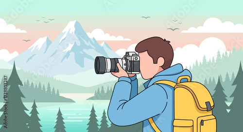 Photographer Capturing Majestic Mountain Landscape, Ideal for Travel Blogs, Photography Tutorials, and Nature Enthusiast Websites.