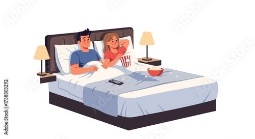 Cozy evening in bed Illustration of a couple watching movie and eating popcorn, perfect for illustrating relaxation, home entertainment, or intimate lifestyle content.