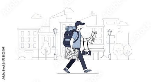 Minimalist Travel Illustration Featuring a Backpacking Tourist Exploring an Urban Landscape, Suitable for Travel Blogs, Tourism Ads, and Destination Marketing Projects