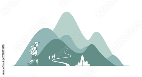 Minimalist Hiking Illustration with Mountain Landscape for Adventure, Travel, and Outdoor Lifestyle Content to enhance travel blogs and promote outdoor activities.