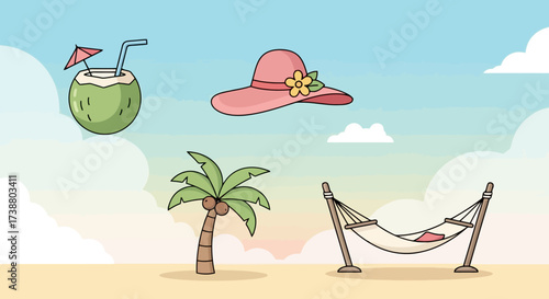 Whimsical Summer Holiday Illustration Featuring Coconut Drink, Sun Hat, Palm Tree, and Hammock. Perfect for travel promotions and vacation-themed designs.