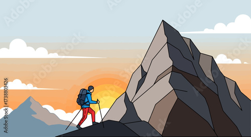 Determined hiker ascending a steep mountain peak at sunrise, symbolizing perseverance, challenge, and success. Perfect for travel blogs, fitness campaigns, and motivational content.