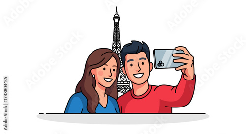 Couple Taking a Selfie in Paris with the Eiffel Tower in the Background, Ideal for Tourism, Travel Blogs, and Promotional Materials