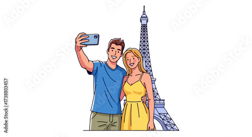 Happy Couple Taking a Selfie in Front of the Eiffel Tower in Paris, France, for Travel Blogs and Destination Marketing Content