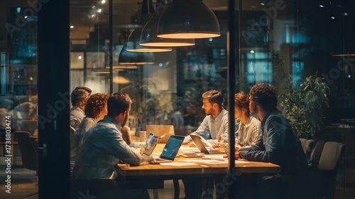 Group of diverse professionals collaboratively working together, engaged in a meeting within a modern office setting late at night, discussing ideas, utilizing laptops, with warm interior lighting...