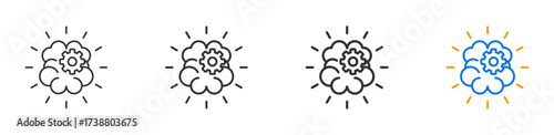 Creative icon set outline brain with internal gear and spark. Include line weight variations and a two tone accent version. Ideal for branding, innovation, UX, and storytelling in business and project