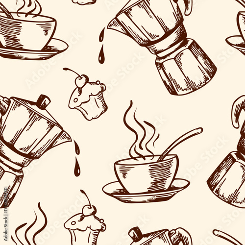 Handdrawn coffee pots cups and cupcakes repeat on a beige background