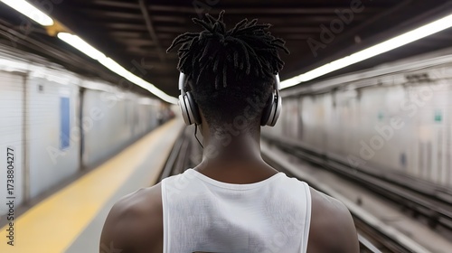 Man listens to music on the subway waiting for the train