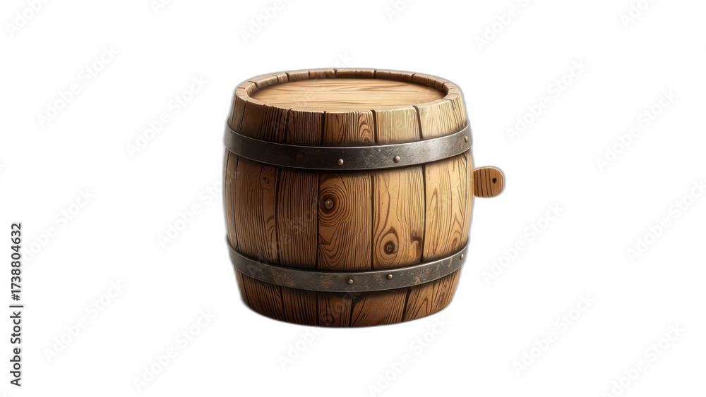 Obraz premium A single, well-worn wooden barrel with metal hoops sits against a stark black background