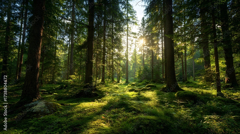 Obraz premium A sunlit forest scene showcases the lush green undergrowth and towering trees, creating a tranquil and inviting natural environment, the golden sun rays penetrate the foliage
