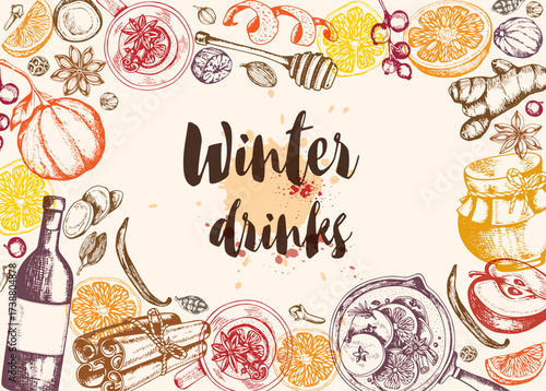 Handdrawn illustration of winter drink ingredients and a wine bottle