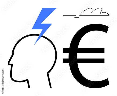 Profile of a head struck by a blue lightning bolt near a Euro sign, hinting at financial insight, innovation, and problem-solving. Ideal for finance, creativity, idea generation, business
