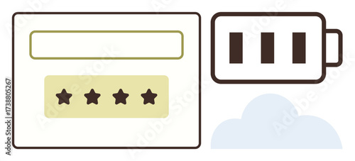 User rating input field with stars, battery indicating charge level, and cloud representing online storage. Ideal for technology, feedback, energy, cloud storage, data, reviews and sustainability