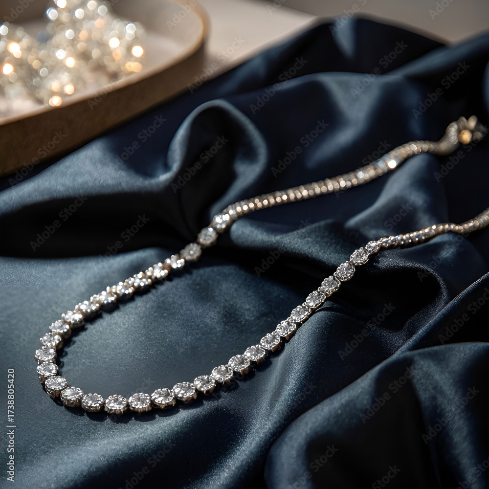 Fototapeta premium Luxury necklace displayed on dark satin cloth.