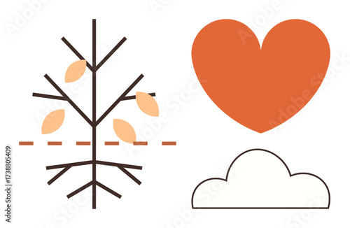 Minimalist tree shedding leaves, bold heart, and cloud highlight themes thumbs up love, nature, balance. Ideal for sustainability, emotions, seasons, mindfulness environment renewal wellness