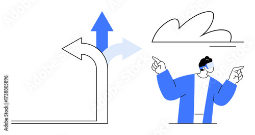 Curved and straight arrows pointing in different directions with upward movement, a person wearing glasses pointing optimistically. Ideal for decision-making, guidance, brainstorming, success