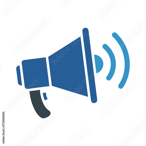 blue megaphone with sound waves symbolizing communication, announcement, and promotion