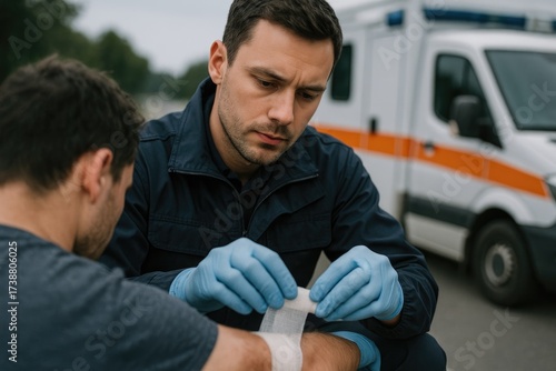 Paramedic providing first aid to injured man by ambulance on street  