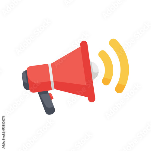 red megaphone with sound waves symbolizing announcement, communication, and broadcasting.