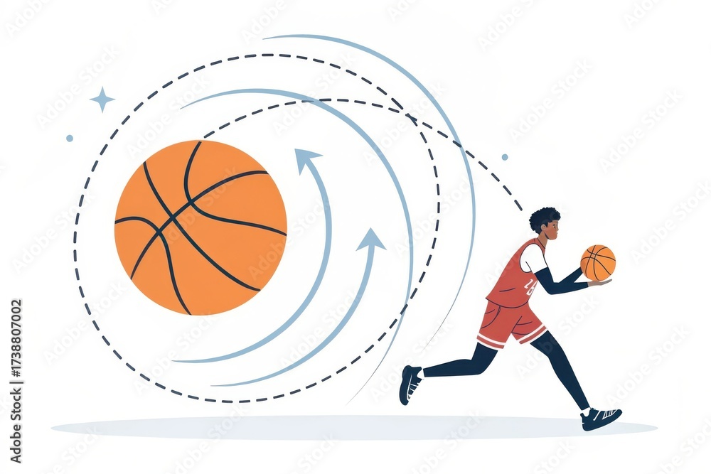 Fototapeta premium Dynamic basketball player dribbling towards the hoop with a spinning ball in motion