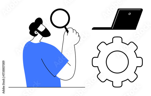 Man holding magnifying glass representing investigation, gear symbolizing process or system, laptop suggesting workspace. Ideal for analytics, strategy, technology, research, problem-solving
