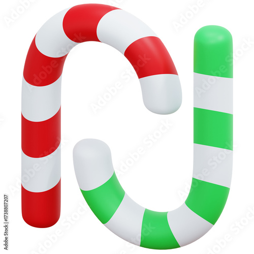 Two 3D Rendered Candy Canes Red and White Striped and Green and White Isolated on Transparent Background