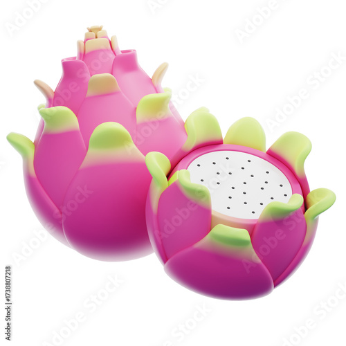Two 3D Rendered Dragon Fruits with Pink Skin and White Flesh Isolated