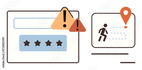Warning signs over login bar and navigational tracking with location pin, path, and person icon. Ideal for cybersecurity, user experience, navigation, data, safety risk minimalism. Simple flat