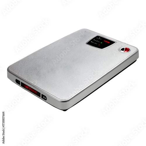 Silver electronic device with integrated display and buttons on transparent background