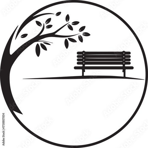 Serene park scene illustration with a lone bench under a graceful tree, perfect for contemplation and quiet moments of relaxation