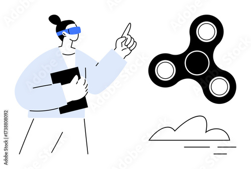 Individual wearing AR glasses gestures toward spinner while holding a tablet. Ideal for technology, innovation, education, creativity, gaming, virtual reality, interactive design concepts shown in