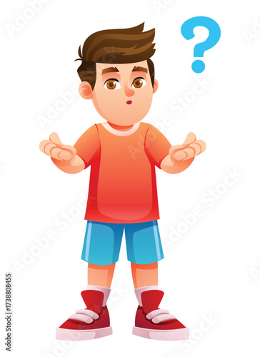 Little boy wondering, looking surprised or confused with hands raised and a question mark floating near. Vector cartoon illustration