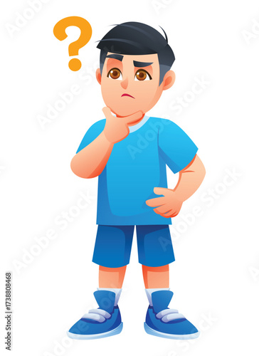 Little boy wondering, contemplating with his hand on his chin and a question mark above his head. Vector cartoon illustration
