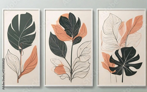 Three framed abstract botanical leaf artworks in a modern home interior