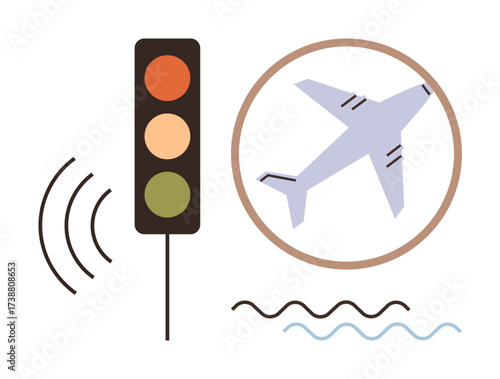 Airplane in circular frame beside traffic light and sound waves. Ideal for transportation, safety, travel, technology, traffic management, aviation concepts, communication. Modern simple flat