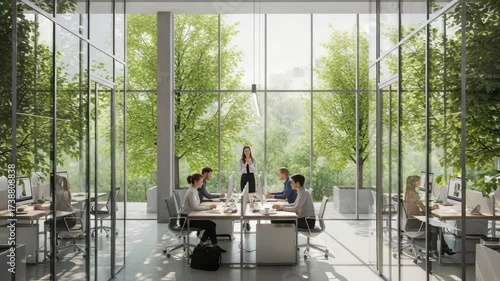 bright modern office with expansive glass walls overlooks lush green trees People work at desks with computers; group discusses in the center Natural light illuminates the biophilic workspace